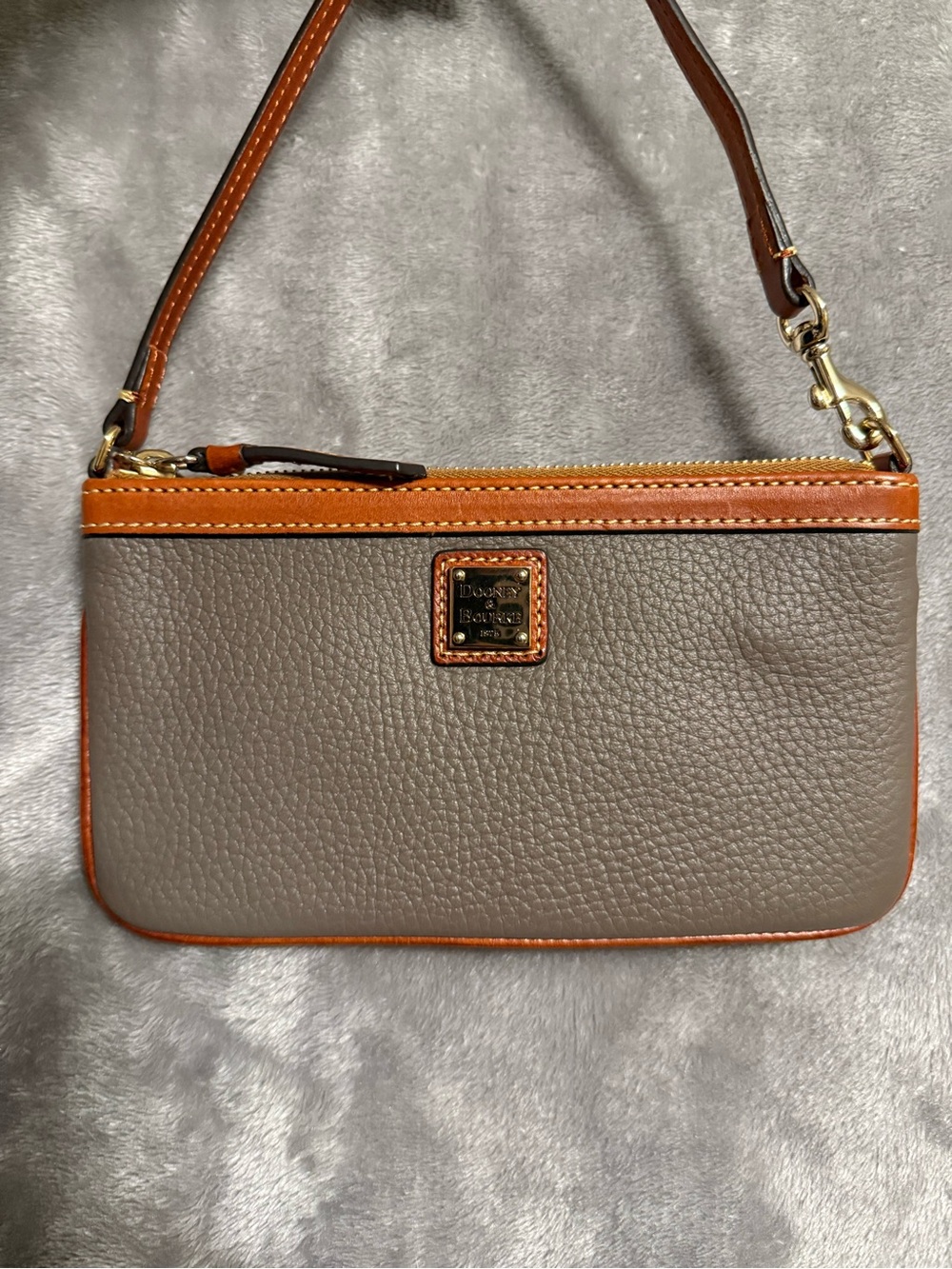 Dooney & Bourke Taupe Pebbled Leather Wristlet with Cognac Trim
